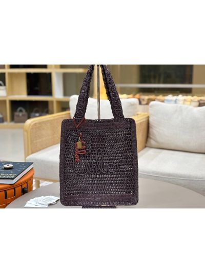 Chloe Summer Banana Tote Shoulder Bag Dark Purple Raffia and Calfskin - Main view