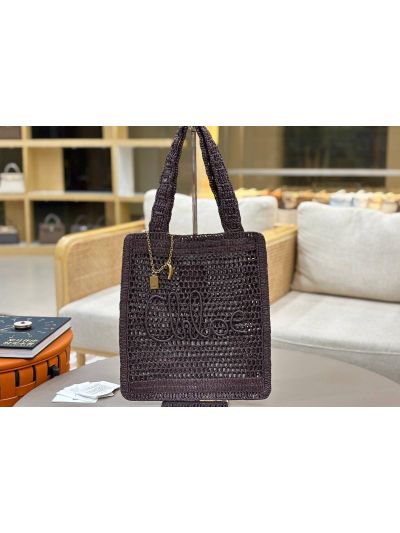 Chloe Summer Banana Tote Shoulder Bag Dark Purple Raffia and Calfskin - Detail view 2