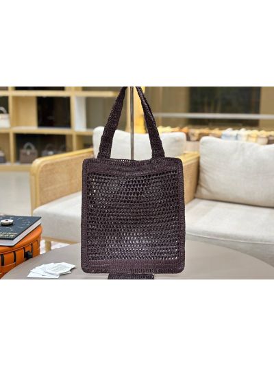 Chloe Summer Banana Tote Shoulder Bag Dark Purple Raffia and Calfskin - Detail view 3