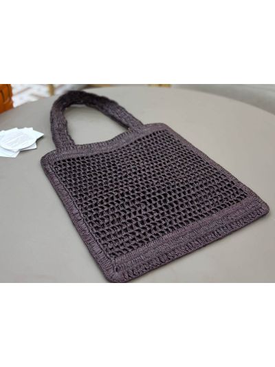 Chloe Summer Banana Tote Shoulder Bag Dark Purple Raffia and Calfskin - Detail view 5