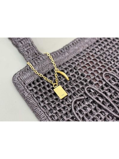 Chloe Summer Banana Tote Shoulder Bag Dark Purple Raffia and Calfskin - Detail view 7