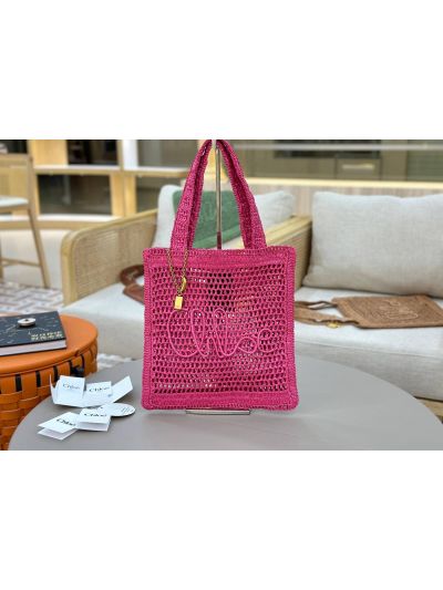 Chloe Summer Banana Tote Shoulder Bag Fuchsia Rose Raffia and Calfskin - Main view