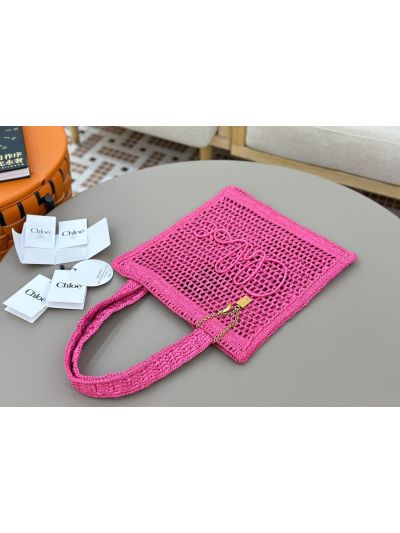 Chloe Summer Banana Tote Shoulder Bag Fuchsia Rose Raffia and Calfskin - Detail view 2