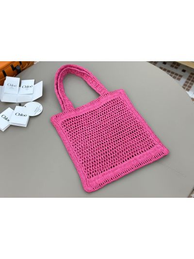 Chloe Summer Banana Tote Shoulder Bag Fuchsia Rose Raffia and Calfskin - Detail view 3