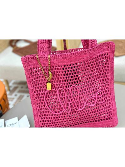 Chloe Summer Banana Tote Shoulder Bag Fuchsia Rose Raffia and Calfskin - Detail view 4
