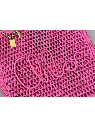 Chloe Summer Banana Tote Shoulder Bag Fuchsia Rose Raffia and Calfskin - Detail view 5
