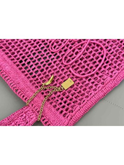 Chloe Summer Banana Tote Shoulder Bag Fuchsia Rose Raffia and Calfskin - Detail view 6
