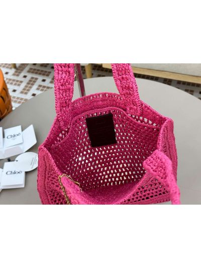 Chloe Summer Banana Tote Shoulder Bag Fuchsia Rose Raffia and Calfskin - Detail view 7