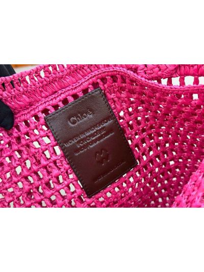 Chloe Summer Banana Tote Shoulder Bag Fuchsia Rose Raffia and Calfskin - Detail view 8