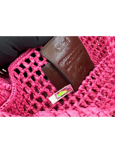 Chloe Summer Banana Tote Shoulder Bag Fuchsia Rose Raffia and Calfskin - Detail view 9