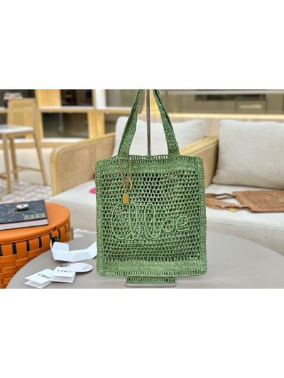 Chloe Summer Banana Tote Shoulder Bag Green Raffia and Calfskin - Main view