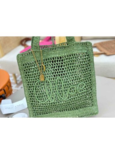 Chloe Summer Banana Tote Shoulder Bag Green Raffia and Calfskin - Detail view 2