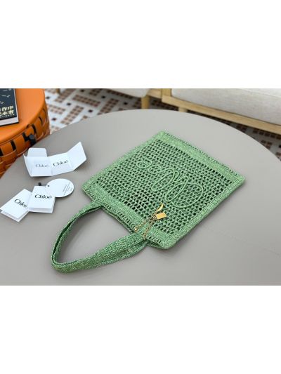 Chloe Summer Banana Tote Shoulder Bag Green Raffia and Calfskin - Detail view 3