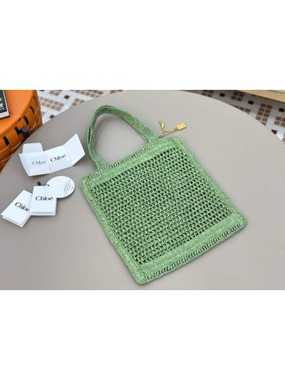 Chloe Summer Banana Tote Shoulder Bag Green Raffia and Calfskin - Detail view 4