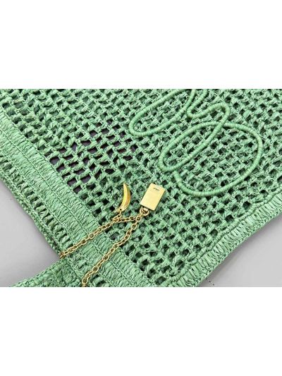 Chloe Summer Banana Tote Shoulder Bag Green Raffia and Calfskin - Detail view 5