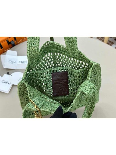 Chloe Summer Banana Tote Shoulder Bag Green Raffia and Calfskin - Detail view 6