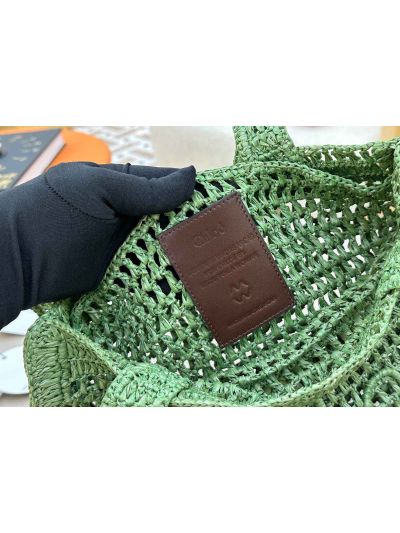 Chloe Summer Banana Tote Shoulder Bag Green Raffia and Calfskin - Detail view 7