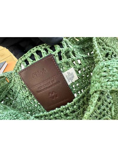 Chloe Summer Banana Tote Shoulder Bag Green Raffia and Calfskin - Detail view 9