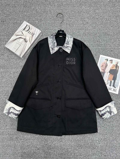 Dior Bow Contrast-Trim Coat in Black and Beige