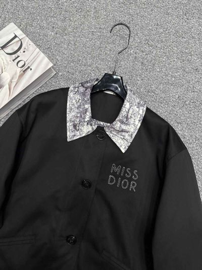 Dior Bow Contrast-Trim Coat in Black and Beige