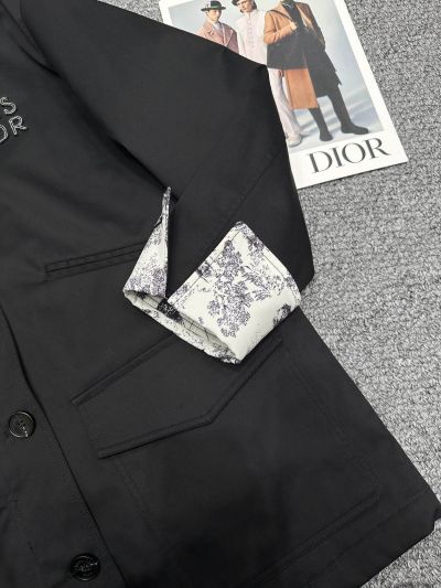 Dior Bow Contrast-Trim Coat in Black and Beige