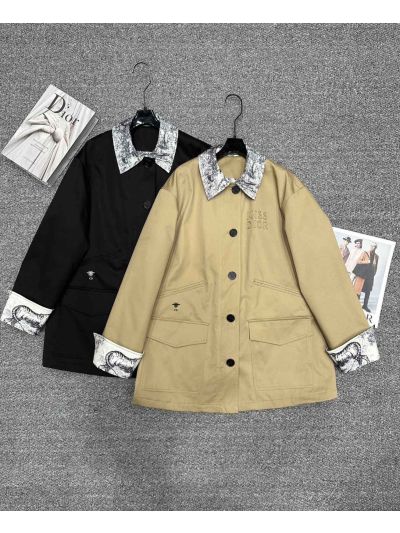 Dior Bow Contrast-Trim Coat in Black and Beige