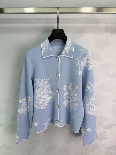 Dior Button-Front Contrast-Trim Jacket in Light Blue