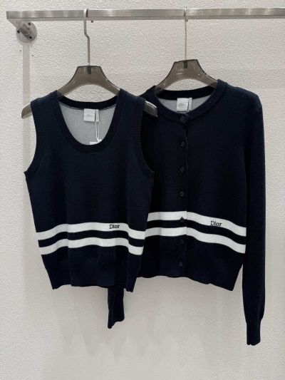 Dior Contrast-Trim Crew Neck Cardigan in Navy