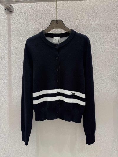 Dior Contrast-Trim Crew Neck Cardigan in Navy