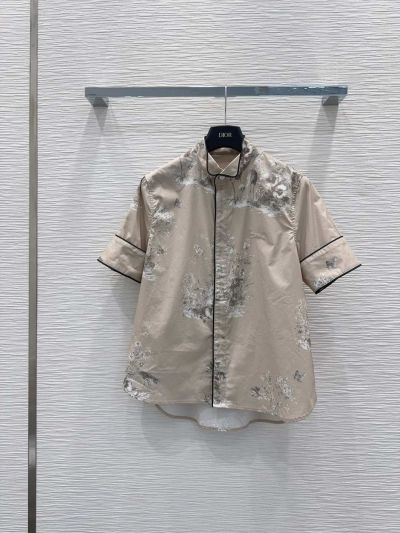 Dior Contrast-Trim Floral Blouse in Beige