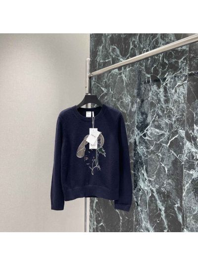 Dior Crew Neck Embroidered Knit Top in Navy