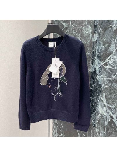 Dior Crew Neck Embroidered Knit Top in Navy