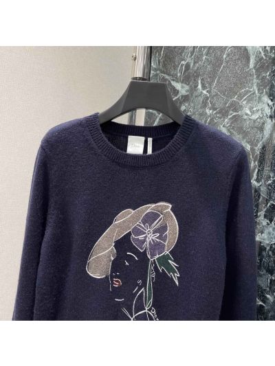 Dior Crew Neck Embroidered Knit Top in Navy