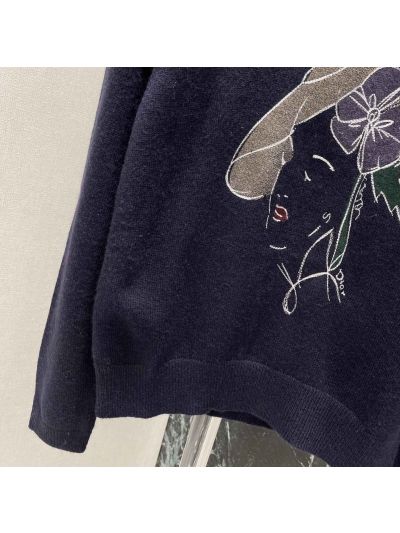 Dior Crew Neck Embroidered Knit Top in Navy