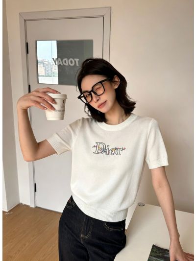 Dior Crew Neck Embroidered Knit Top in White