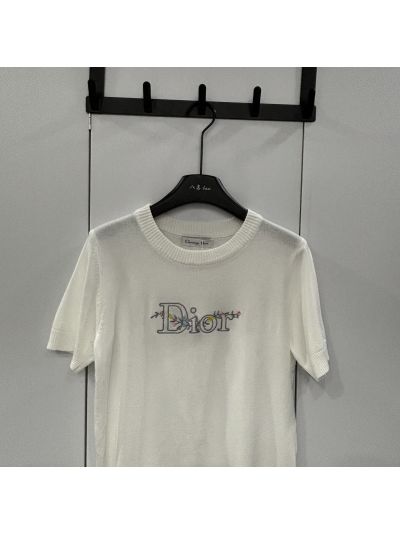 Dior Crew Neck Embroidered Knit Top in White