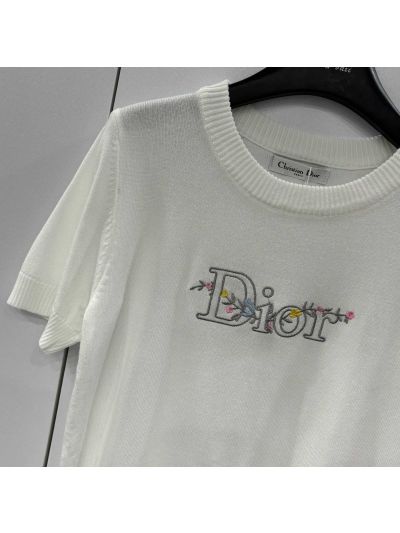 Dior Crew Neck Embroidered Knit Top in White