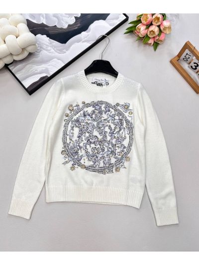 Dior Crew Neck Embroidered Sweater in White
