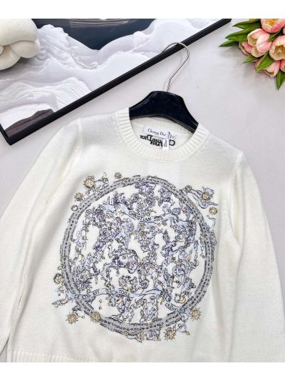 Dior Crew Neck Embroidered Sweater in White
