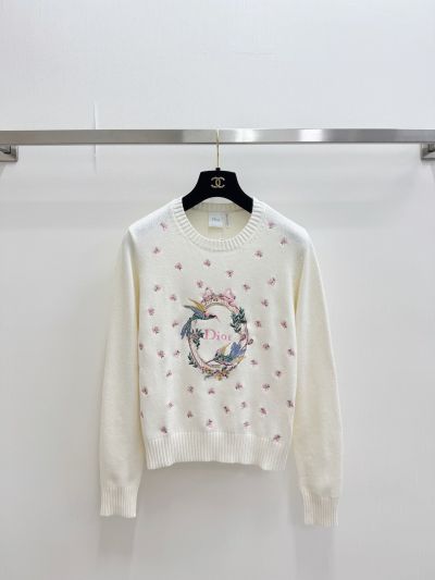 Dior Crew Neck Long Sleeve Knit Top in White