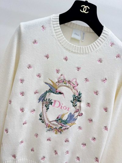 Dior Crew Neck Long Sleeve Knit Top in White