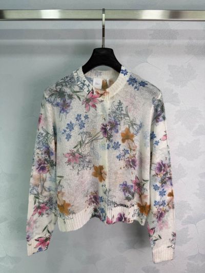 Dior Crew Neck Ribbed Knit Cardigan in Multicolor