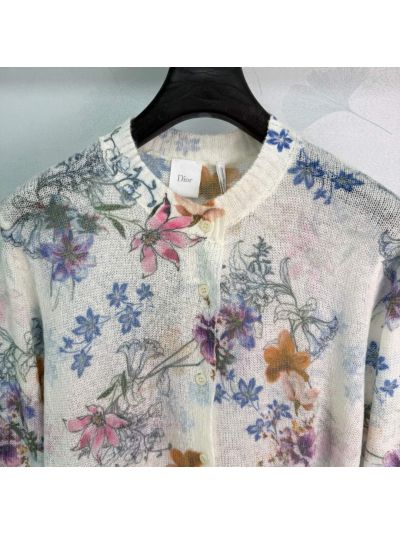 Dior Crew Neck Ribbed Knit Cardigan in Multicolor