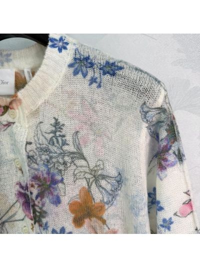 Dior Crew Neck Ribbed Knit Cardigan in Multicolor