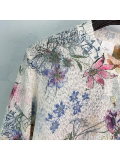 Dior Crew Neck Ribbed Knit Cardigan in Multicolor
