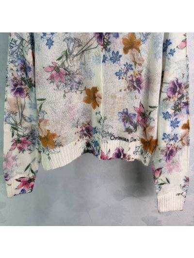 Dior Crew Neck Ribbed Knit Cardigan in Multicolor