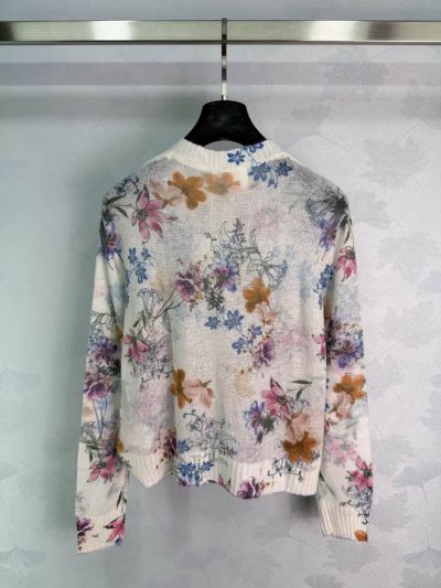 Dior Crew Neck Ribbed Knit Cardigan in Multicolor