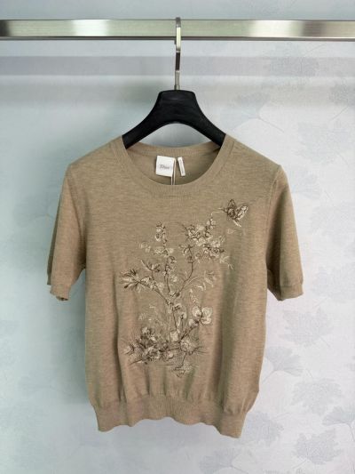 Dior Crew Neck Short Sleeve Knit Top in Beige