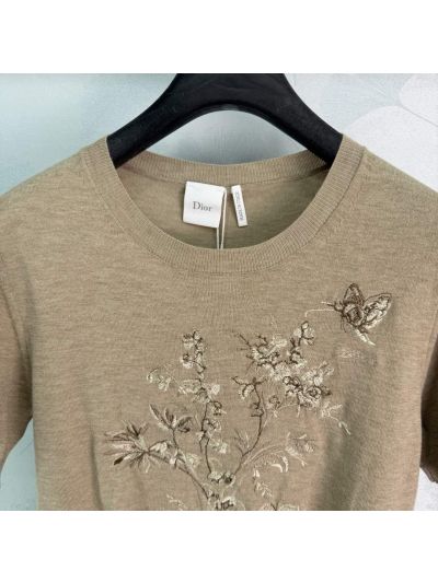 Dior Crew Neck Short Sleeve Knit Top in Beige