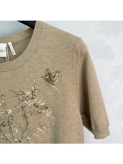 Dior Crew Neck Short Sleeve Knit Top in Beige